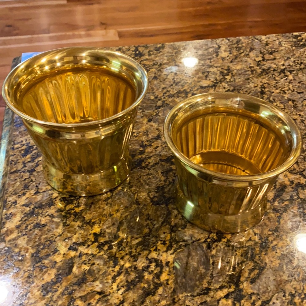 2 brass colored metal indoor planters
